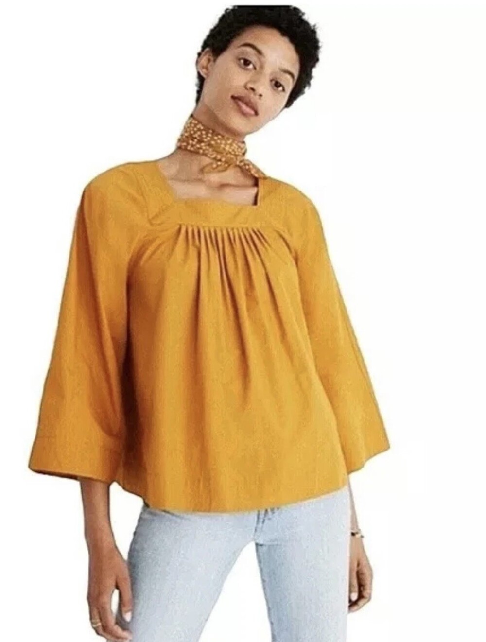 Madewell Oversized Mustard Yellow Square Neck Peasant Top Shirt Boho - Picture 3 of 3